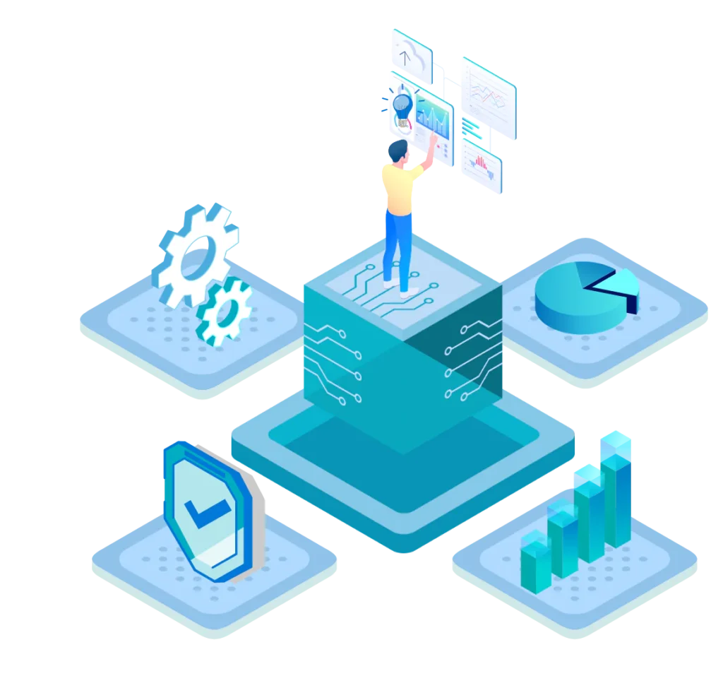 Multiple industry icons connected through AI and machine learning network